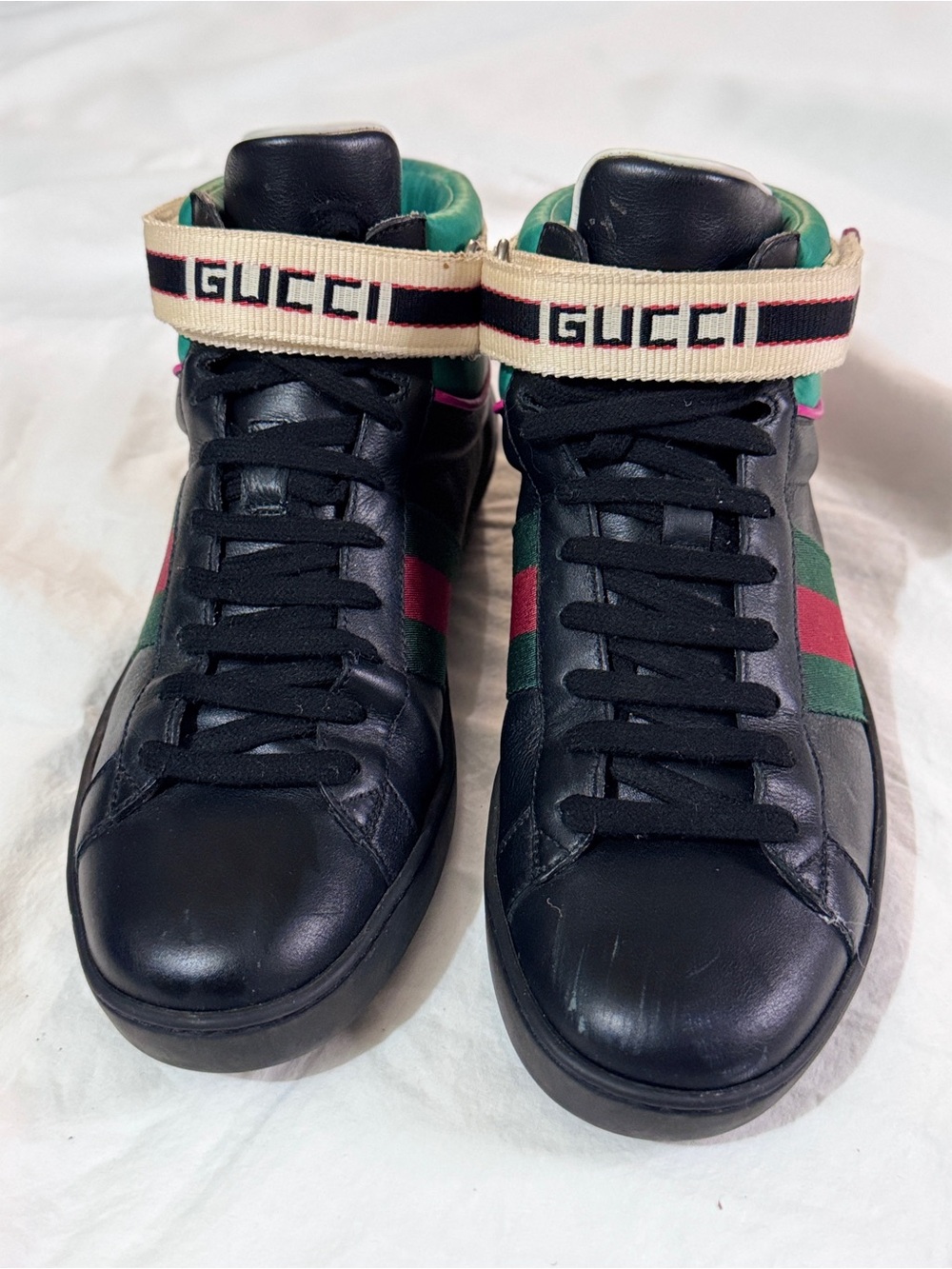 Gucci Ace High-Top Sneakers with Green & Red Web Stripe/523472 Men’s Size 6